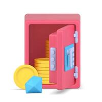 Open 3D safe with gold coins and diamonds. Pink armored vault with dropped gem and yellow circles vector