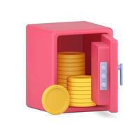 Open volumetric safe with gold coins. Pink armored vault with columns of circles made precious metal vector