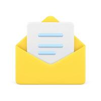 Document in yellow 3d envelope. White volumetric sheet of paper with blue text vector