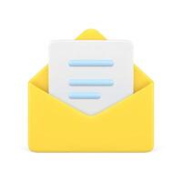 Document in yellow 3d envelope. White volumetric sheet of paper with blue text vector