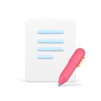 Signed 3d document. Pink pen next to volumetric piece paper with blue stripes text vector