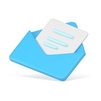 Document in open blue 3d envelope. White sheet of paper with striped text vector