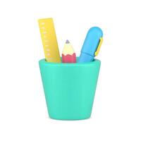 Glass with 3d stationery. Yellow ruler with pink sharpened pencil and blue pen vector