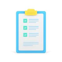 Checklist on 3d clipboard paper. Document in test form with check marks and stripes abstract questions vector