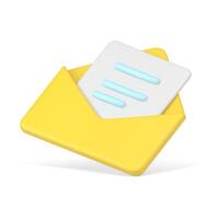 Message in yellow 3d envelope. Volumetric sheet of paper with blue text vector