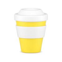 Yellow cup for coffee 3d icon. Cardboard container with white lid and rim vector