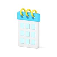 Desktop organizer 3d icon. White calendar page with blue cells for dates and notes vector