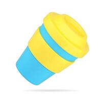 Plastic cup for drink 3d icon. Blue cardboard container with yellow lid and rim vector