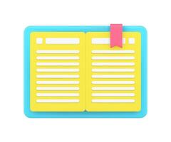 abierto oro libro 3d icono. cuaderno con cubrir y rojo marcador cinta vector