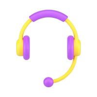 Professional headphones with microphone 3d icon. Yellow headset with purple accents vector