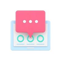 Online chat 3d icon. Red conversation bubble near round web user window vector