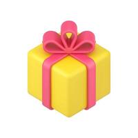 Gold square box gift 3d icon. Festive surprise with red ribbon and bow vector