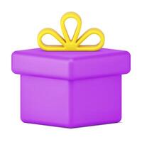 Purple gift packaging 3d icon. Festive box with gold volume bow vector