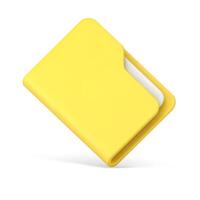 Office yellow folder with papers 3d icon. Closed plastic file with documentation vector