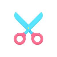 Stationery scissors 3d icon. Sharp tool with red handles for cutting paper and fabric vector