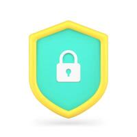 Security lock on shield 3d icon. Online safe and protection of users personal data vector