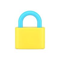 Closed padlock 3d icon. Yellow lock with blue steel shackle vector