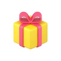 Yellow box gift 3d icon. Holiday surprise with red ribbon and bow vector