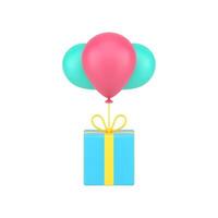 Blue holiday box on balloons 3d icon. Volumetric gift flies on colored balloons vector