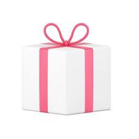blanco presente caja 3d icono. volumétrico paquete con rosado cintas y arco vector