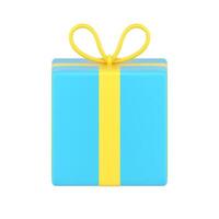 Blue box with yellow knot 3d icon. Square surprise tied luxurious ribbon vector