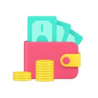 Pink wallet with banknotes and yellow coins 3d icon vector