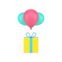 regalo en globos 3d icono. festivo amarillo caja moscas en de colores globos vector