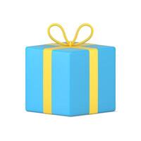 Blue holiday gift 3d icon. Realistic box with yellow ribbons and bow on lid vector