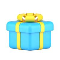 Blue gift surprise with gold knot 3d icon. Volumetric surprise tied luxurious ribbon vector