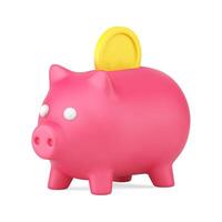 Pink piggy bank with gold coin 3d icon. Vault for cash and savings vector