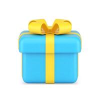 Blue gift box side view 3d icon. Celebration surprise tied gold ribbon with patterned on top vector