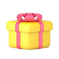 Volumetric yellow box gift 3d icon. Celebration package with red ribbon and bow vector