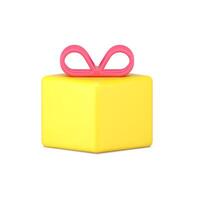 Yellow square gift with pink bow 3d icon. Holiday surprise in gold box vector