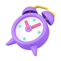 Purple analogue vintage alarm clock for morning reminder, deadline notification 3d icon vector
