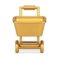 Golden metallic hypermarket pushcart grocery shopping mobile app realistic 3d icon front view vector