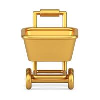 Golden metallic hypermarket pushcart grocery shopping mobile app realistic 3d icon front view vector
