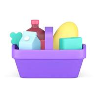 púrpura supermercado cesta lleno de comida y bebida tienda de comestibles productos realista 3d icono vector
