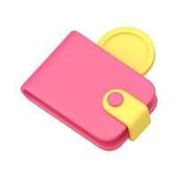 Glossy pink diagonally displaced wallet with yellow coin realistic 3d icon isometric vector