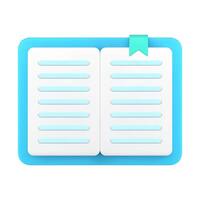 Realistic 3d icon open blue paper book bookmark, education textbook, dictionary isometric vector