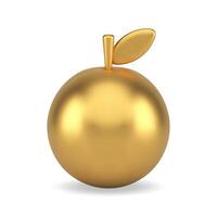 Golden metallic circle apple with twig leaf realistic 3d icon vitamin organic seasonal fruit vector