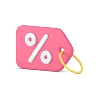 Glossy pink horizontal displaced percentage tag rope ring hanging realistic 3d icon template vector