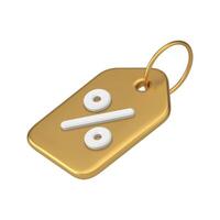 Golden metallic glossy retail tag rope on ring diagonal placed 3d icon realistic illustration vector