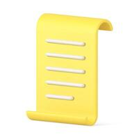 Curved yellow paper list vertical text document legal form agreement realistic 3d icon vector