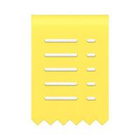 Realistic glossy yellow ragged tax receipt form front view banking data information 3d icon vector