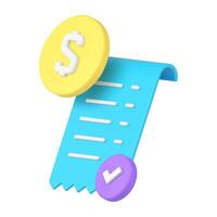 Realistic 3d icon blue diagonal placed curved payment blank financial receipt document vector