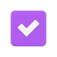 Purple squared checkmark button positive vote choice accept agree realistic 3d icon vector