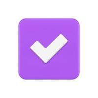 Purple squared checkmark button positive vote choice accept agree realistic 3d icon vector