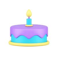 Childish birthday purple glaze icing cake one burning candle 3d icon illustration vector