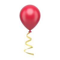 Flying red helium balloon with glossy curved golden ribbon realistic 3d icon illustration vector