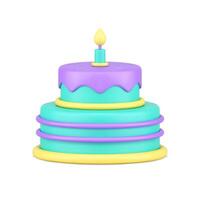 Sweet festive cake anniversary celebration delicious one burning candle realistic 3d icon vector